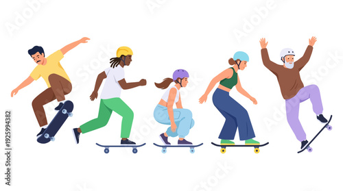 Diverse Skateboarders in Action: Multi-Generational Group Enjoying an Active Lifestyle Together
