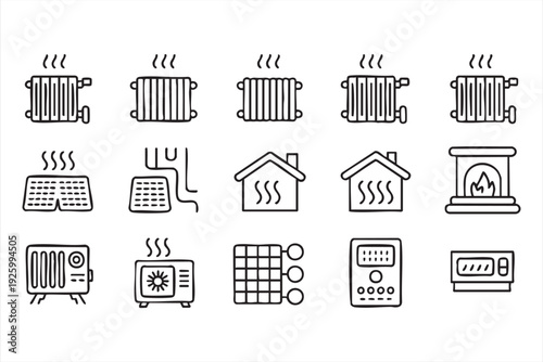 Minimal home heating line icons for radiator warmth and temperature management design