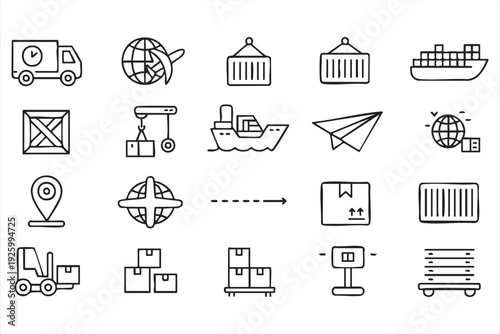 Global transportation line icons with cargo, airplane, and delivery concepts