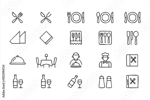 Restaurant and dining icon set with cutlery menu and food service symbols