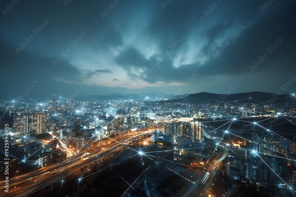 custom made wallpaper toronto digitalNetwork connection concept with modern city skyline and futuristic city skyscraper image double exposure effect apply .