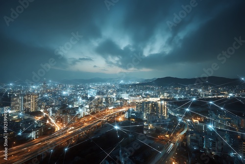 Wallpaper Mural Network connection concept with modern city skyline and futuristic city skyscraper image double exposure effect apply . Torontodigital.ca