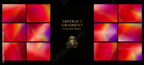 Intense red and magenta gradient squares glow around a refined black panel with golden crest, creating a dramatic, passionate backdrop for premium branding and events.