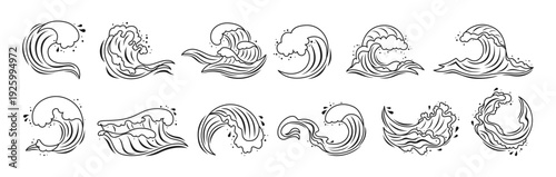 Sea wave doodle set with various water splashes, flowing waves and abstract ocean shapes. Wave icons graphic dynamic liquid motion, modern marine elements and fluid aquatic forms illustration
