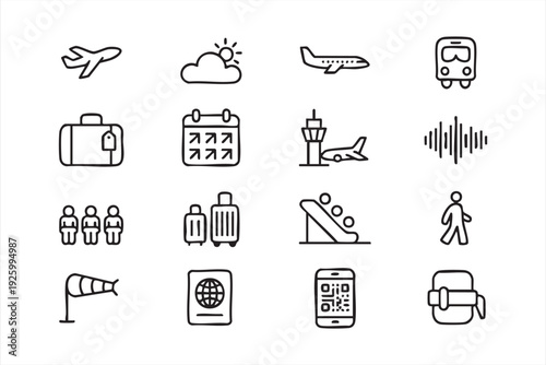 Minimal travel line art icons for tourism and transportation design projects
