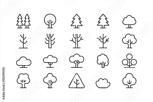 Nature line art icons featuring evergreen and abstract tree symbols