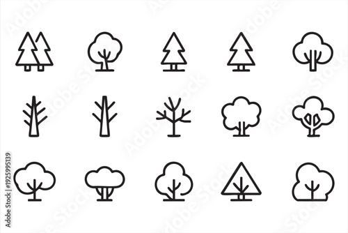 Minimal tree outline icon collection for ecology and landscape graphics