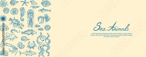Underwater world, ocean sea fish template Hand drawn design for wallpaper, wall decor, print, postcard, template. Hand drawn marine life featuring octopus. Modern sketch line art style, coastal mood