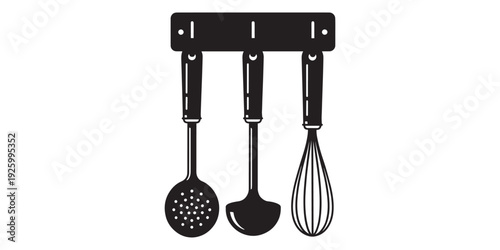 Black silhouette kitchen utensils on a white background