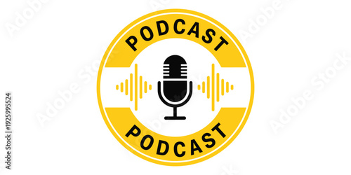 Yellow and black podcast logo with microphone and sound waves on white background