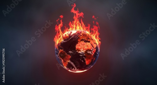 The world engulfed in severe flames, representing catastrophic global warming and dangerous atmospheric heat waves, disaster, abstract, Earth
