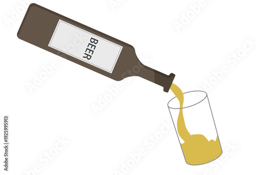Beer bottle pouring golden lager into a glass, flat vector-style illustration isolated on light background, ideal for bar menu design, pub promotion, alcohol beverage ads, and cheers concept visuals
