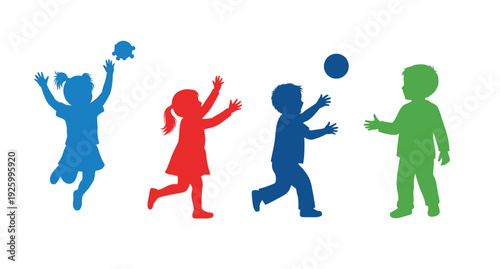Children playing with a ball depicted in a vibrant color silhouette