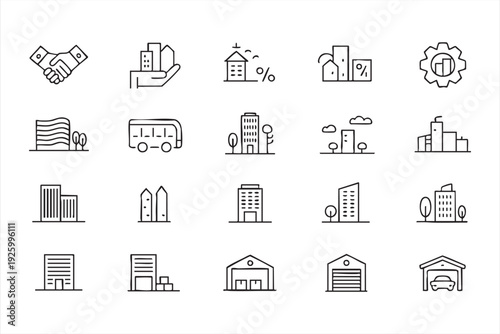 Office Tower Apartment and Warehouse Outline Symbols for Web and App Interfaces