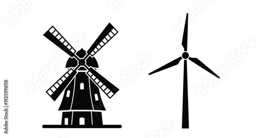 Traditional windmill and modern turbine depicted in a dark silhouette