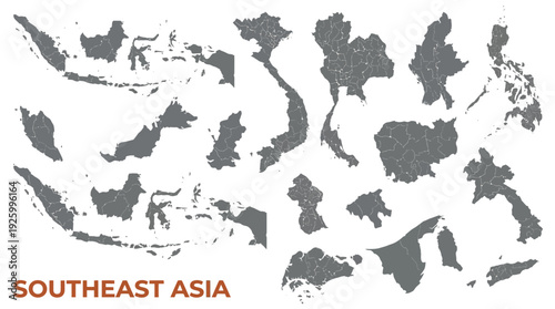 Southeast Asia Political Map Collection. Detailed vector graphics of countries with administrative divisions (provinces, states). Ideal for geographic, demographic & regional analysis.
