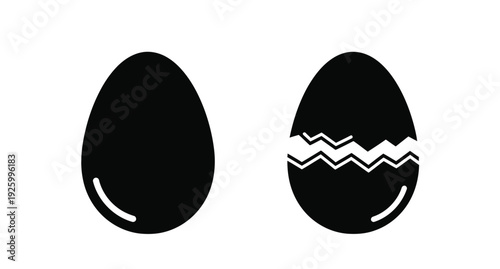 Two egg shapes one whole and one cracked in black silhouette