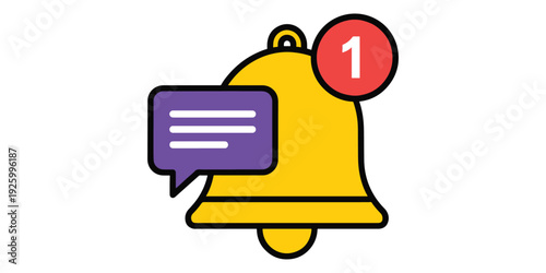 Notification bell icon with speech bubble and alert symbol on white background