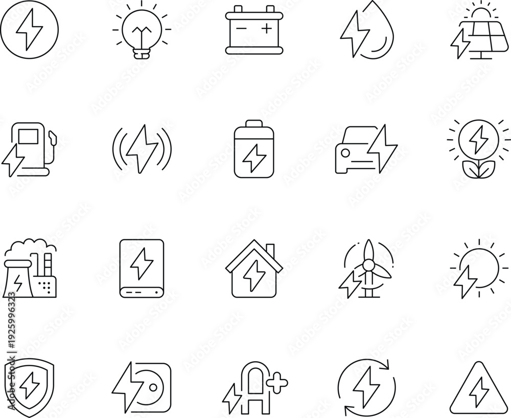 Fototapeta premium Electricity and Renewable Energy Line Icons Set with Battery, Solar Panel, Wind Turbine and Electric Vehicle Outline Vector Collection