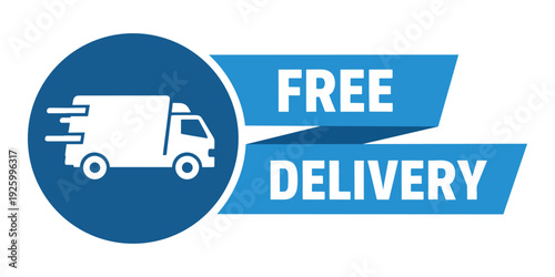 Free delivery icon with truck and banner on white background