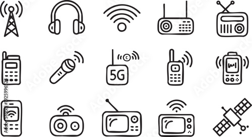 Telecommunication Technology Outline Icons for Network, Mobile and Broadcast Concepts