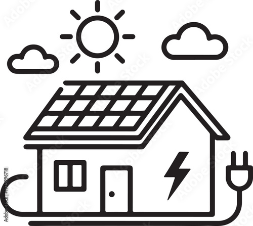Solar panel house icon with sun and clouds energy saving technology building with electrical plug and lightning symbol renewable power system for residential real estate ecological home vector sign