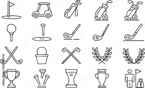Professional Golf Tournament and Equipment Line Icon Set for Sports Branding