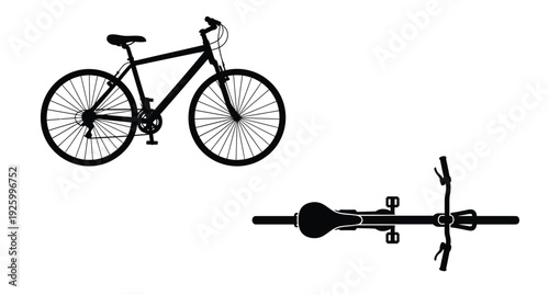Black mountain bike illustration with detailed views a striking silhouette