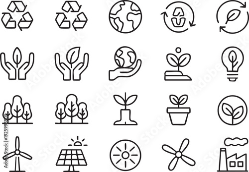 Solar, Wind and Recycling Line Icons for Environmental Campaigns