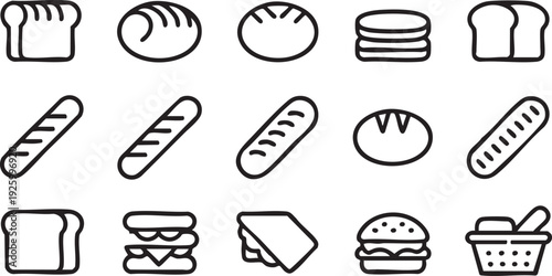 Bakery Bread and Fast Food Line Icon Set for Menu and Branding