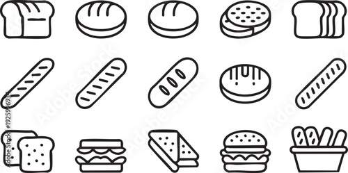 Fresh Bread, Sandwich and Burger Outline Icons Collection