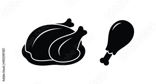 Black silhouettes of a roasted chicken and drumstick illustration silhouette
