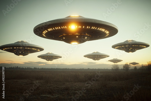 A fleet of glowing UFOs hovers over a field at dusk, emitting light in a mysterious and futuristic scene.
