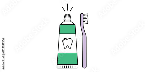 Toothpaste tube and purple toothbrush on a white background for oral care