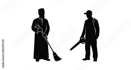 Two men in traditional attire depicted in a striking silhouette