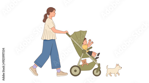 Mother Pushing Baby in Stroller with Dog Walking Alongside - Daily Family Outing Illustration