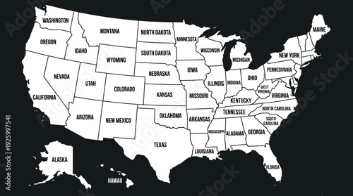 United States Map with All 50 States Labeled - Black and White Vector Illustration