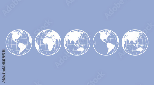 Global Connection & Network: Five Earth Globes on Textured Blue Background for International Themes