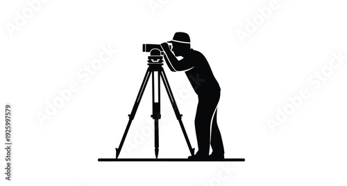 Surveyor using theodolite instrument for land measurement black silhouette