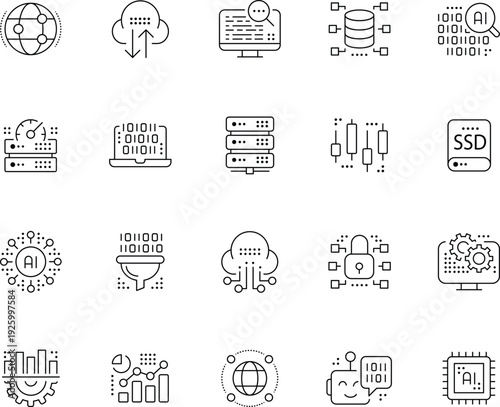 Big Data and Artificial Intelligence Thin Line Icons Set with Cloud Computing, Server Storage, Analytics and Cyber Security Outline Vector Collection