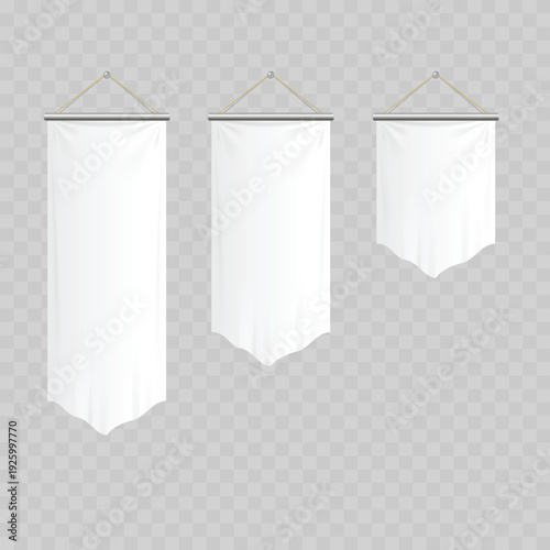 Realistic White Textile Banner Mockup Set. Vector Hanging Wall Flag, Scroll or Pennant Templates.