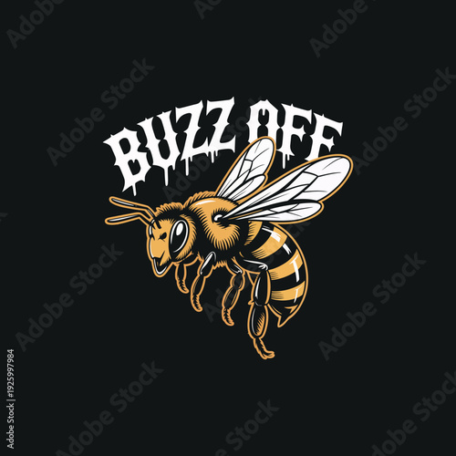 Buzz off, angry honey bee, flying insect, striped body, isolated on black background, hand drawn vector illustration