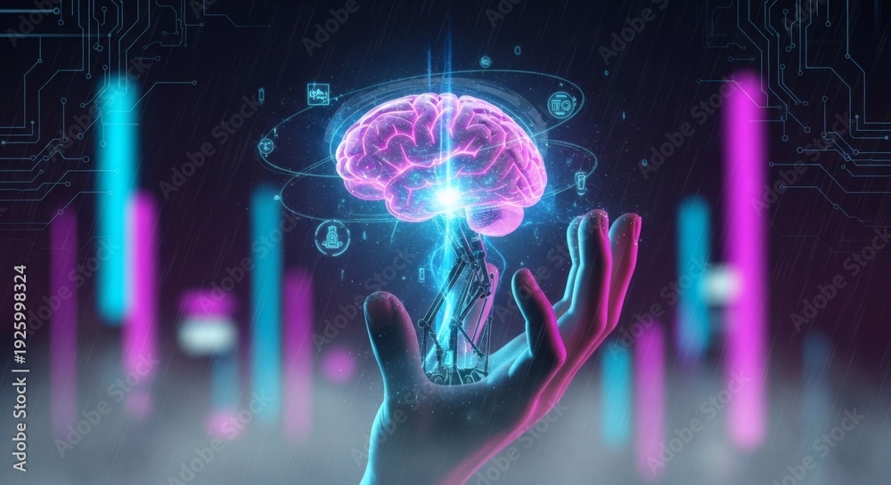 Obraz premium Futuristic Brain Technology Visualization - AI and Digital Innovation