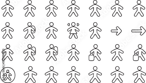 Stick Figure Walking and Travel Motion Outline Icons Collection