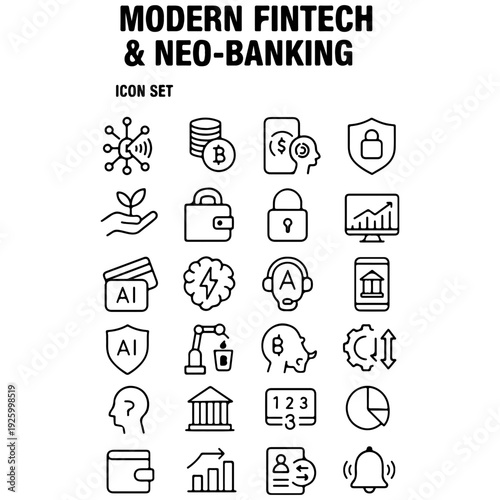 Modern fintech and neo-banking icon set with crypto blockchain and AI