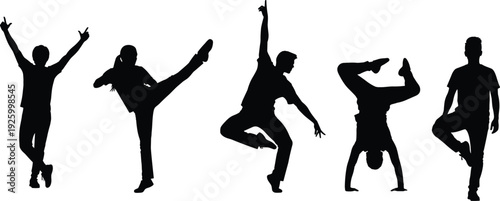 Set of black dancer silhouettes featuring dynamic breakdance modern jazz and contemporary performance poses for active lifestyle and arts design icons