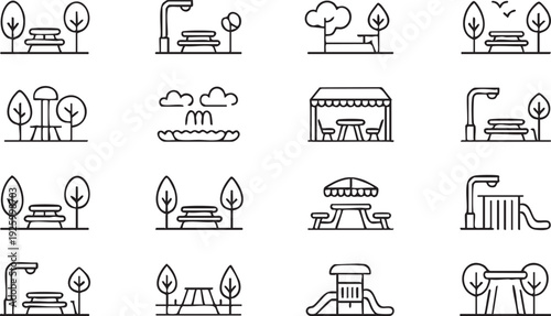 Park, Picnic and Playground Outdoor Recreation Line Icon Set for Public Spaces