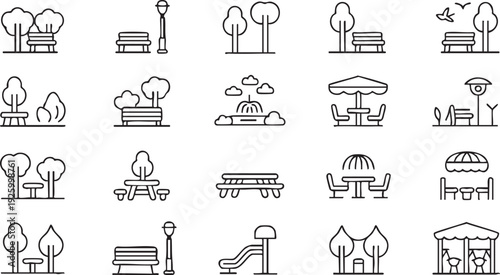 Outdoor Picnic, Garden and Recreation Line Symbols for City Design