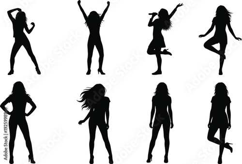 Female singer and dancing woman silhouettes collection, stylish girls performing and posing isolated on white background set