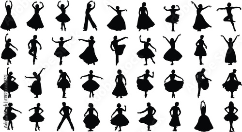 Set of black dancer silhouettes featuring various ballet ballroom and contemporary dance poses for artistic performance and stage theater design icons